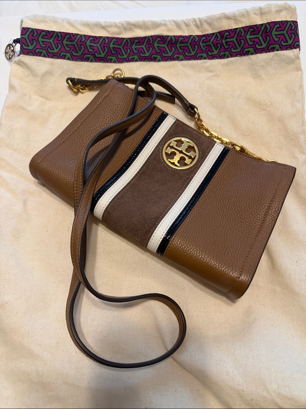 Tory Burch Brown Leather Crossbody Bag with Suede Striped Detail